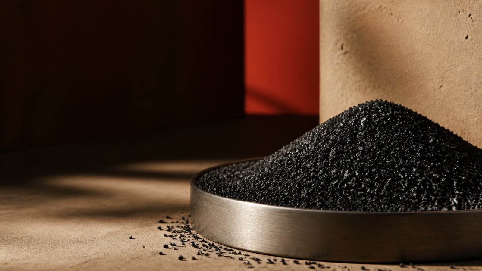 Cinematic concept visual of small activated-carbon granules in sandstone and oxide red