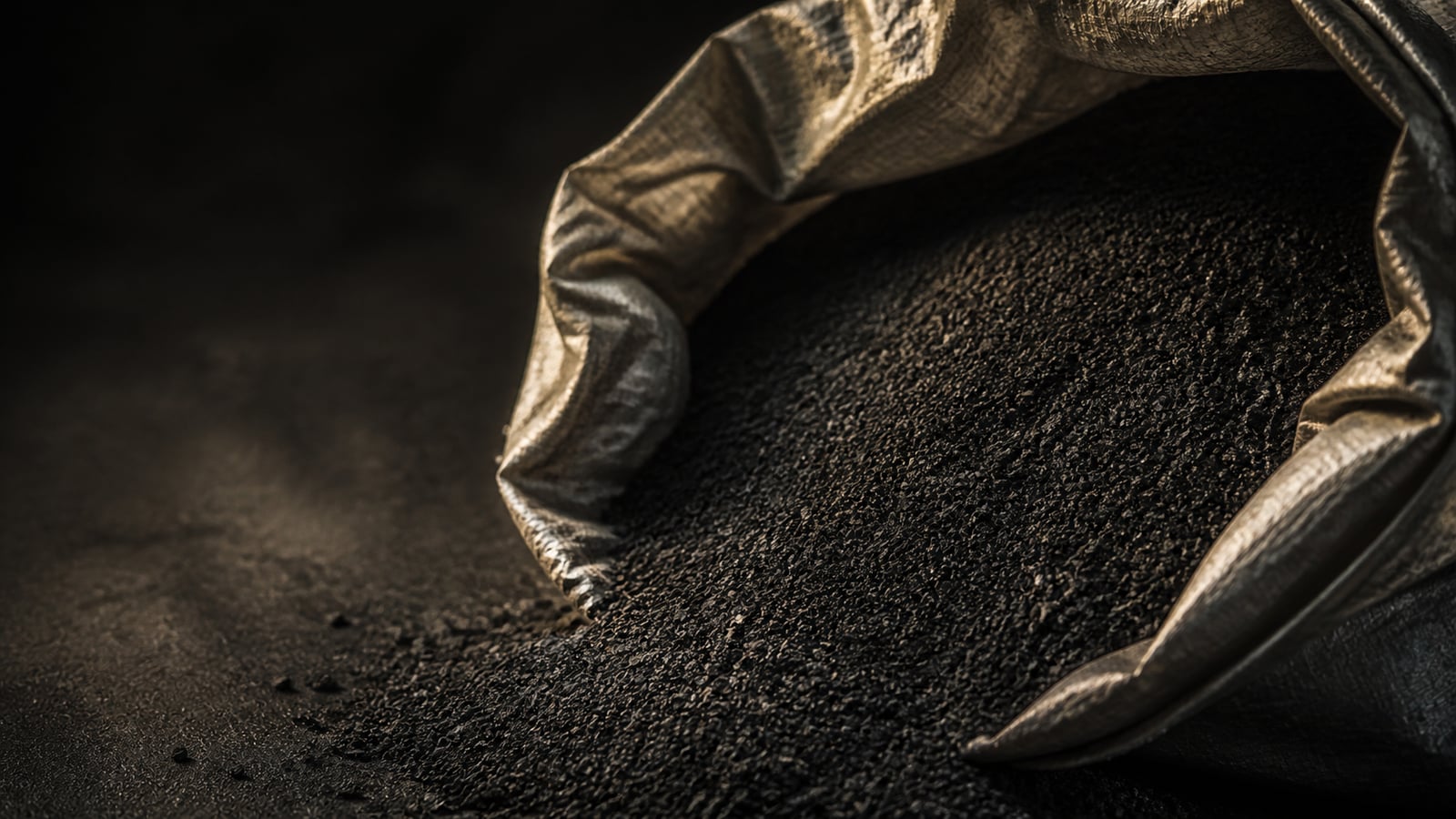 Cinematic concept visual of fine carbon powder in graphite and mineral gold