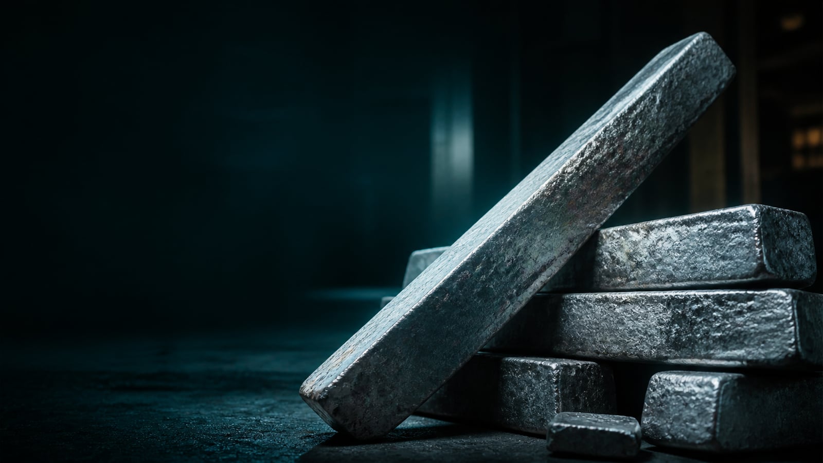 Cinematic concept visual of rough-cast magnesium ingots in deep teal and silver light