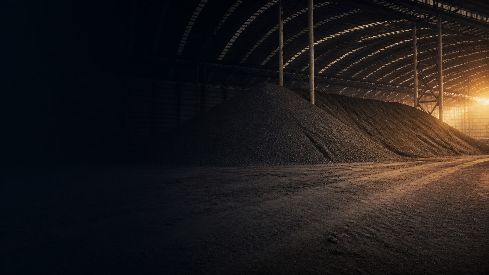 Concept visual of a continuous semi-coke storage mound inside a covered warehouse in midnight navy and copper light