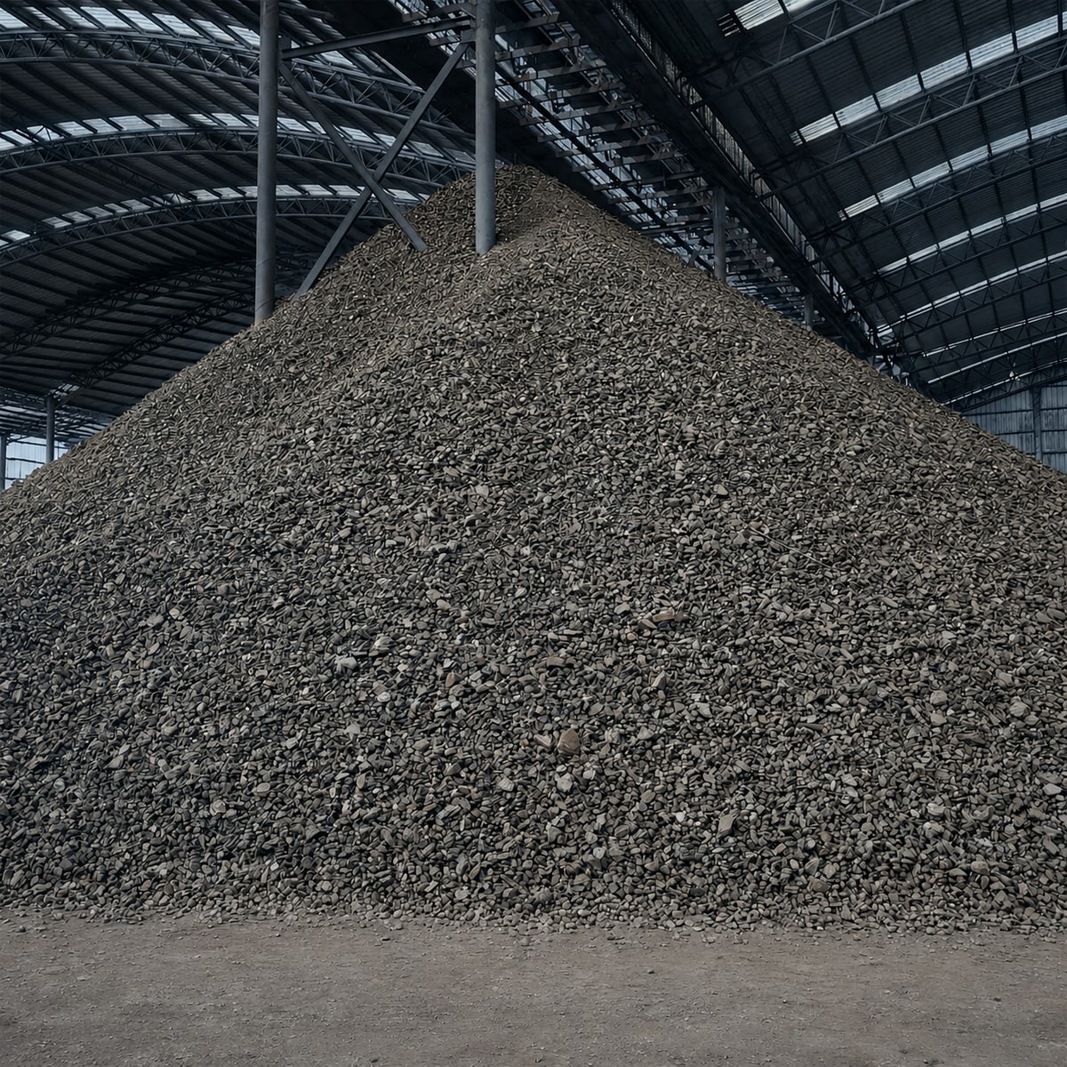 Semi coke stored in a covered industrial warehouse